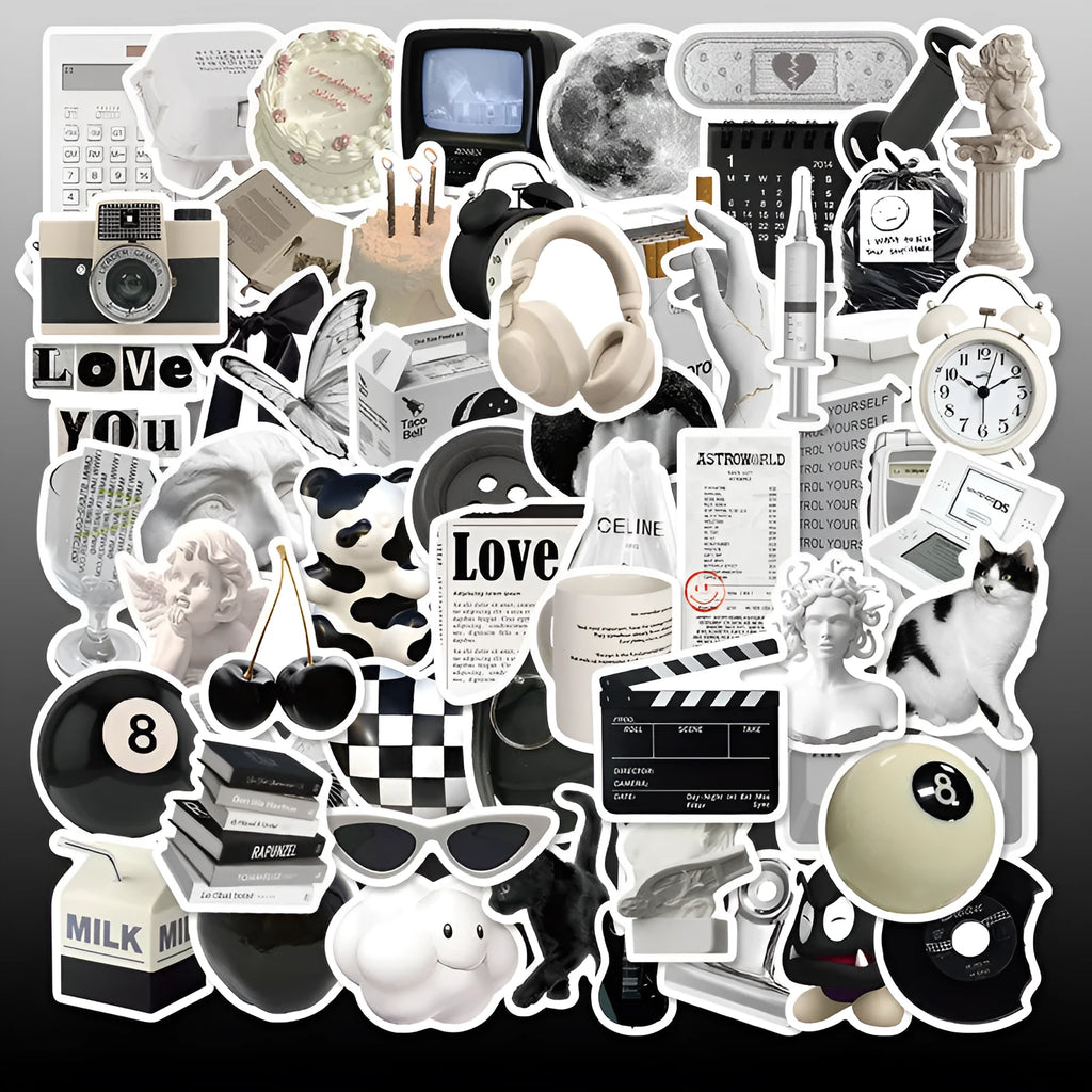 61 black and white PVC waterproof stickers for laptops, phones, and luggage