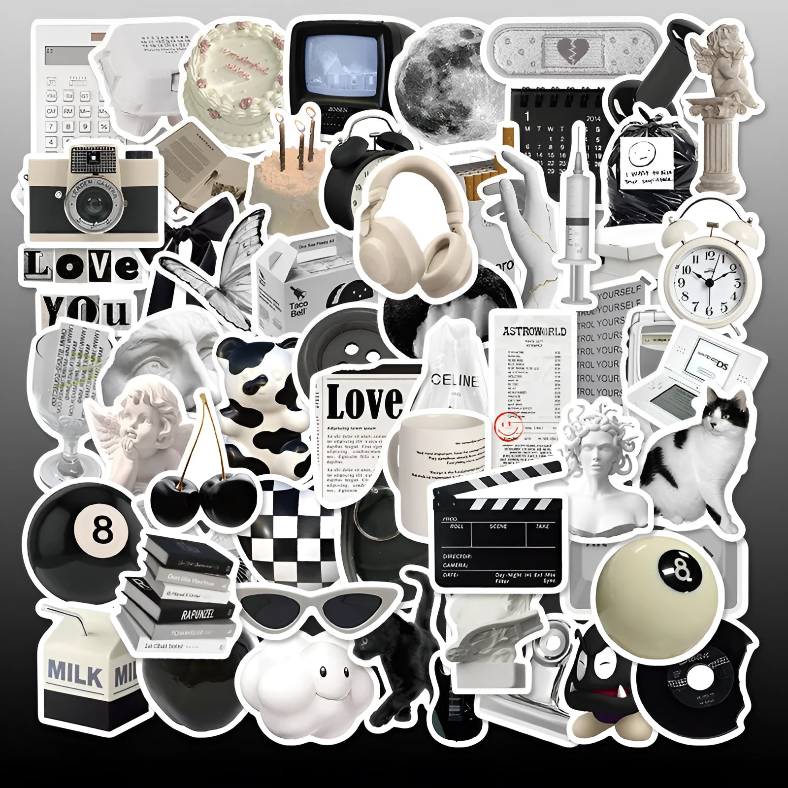 61 black and white PVC waterproof stickers for laptops, phones, and luggage