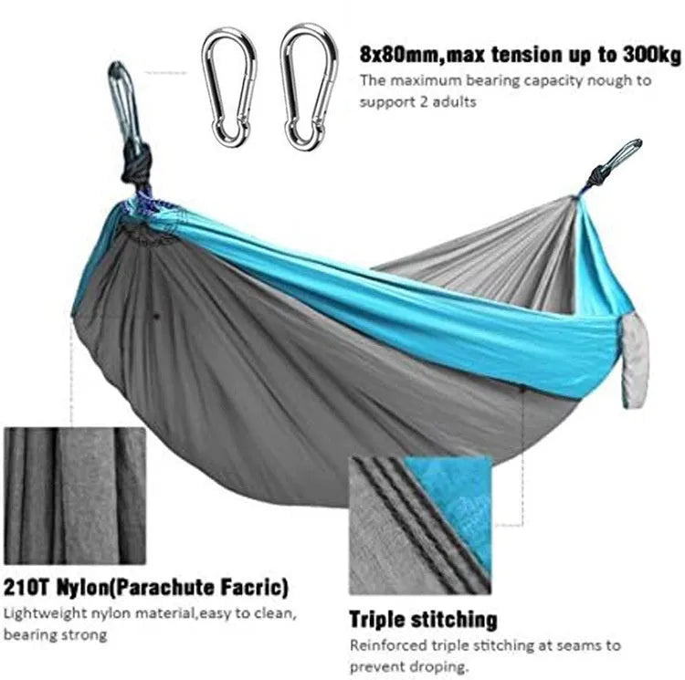 Blue nylon parachute cloth outdoor hammock with 300 kg capacity and 270x140 cm dimensions