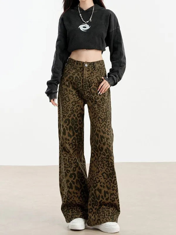 Women's leopard print denim floor-length loose-fit straight pants with wide waist