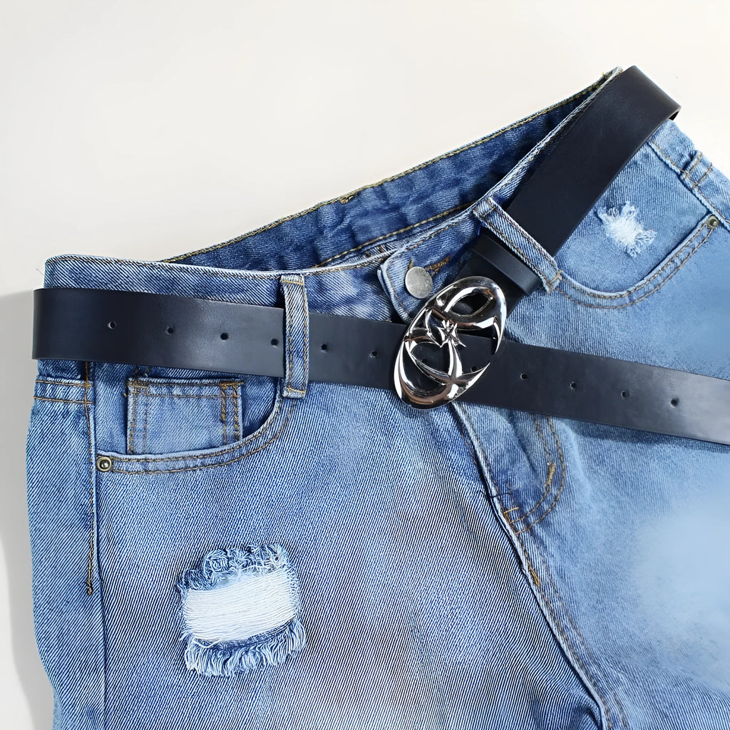 Men's casual PU leather belt with silver alloy buckle showing 3.3cm width and snap-button fastening