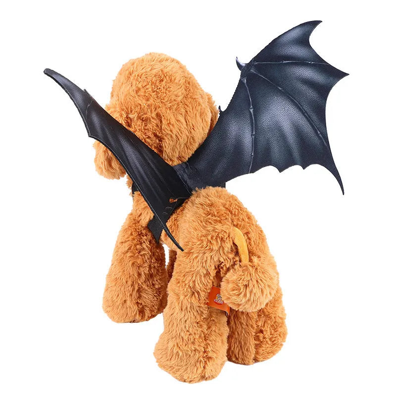 Black cloth bat wing Halloween costume for pets shown in three sizes