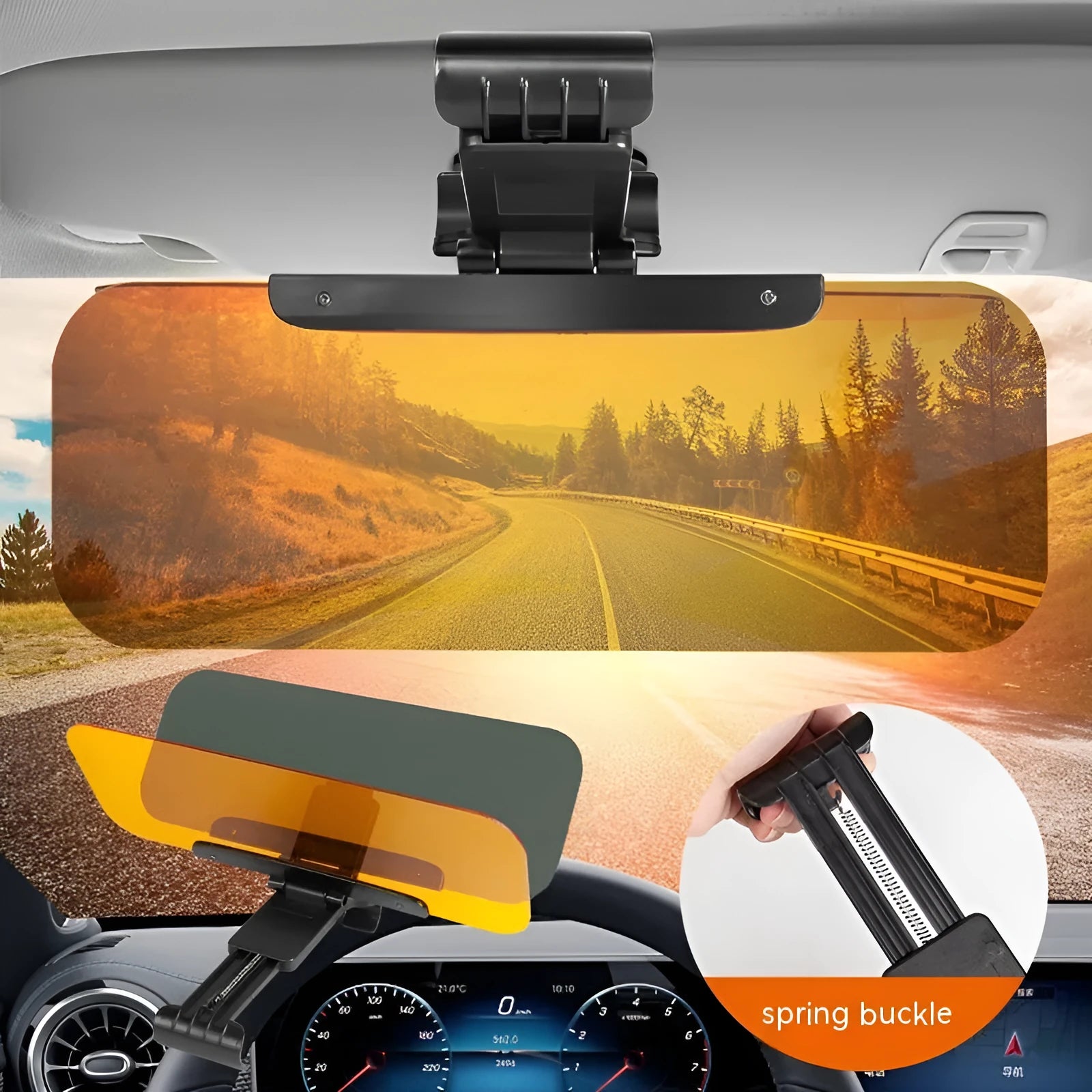 Dual-function anti-glare car sun visor with telescopic arm and acrylic lens.