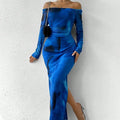 Womens long printed mesh fishtail dress with gradient colour pleating and split skirt detail