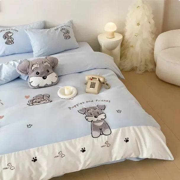 Cute cartoon Schnauzer thickened cotton bedding set with embroidered duvet cover and sheet on a bed.