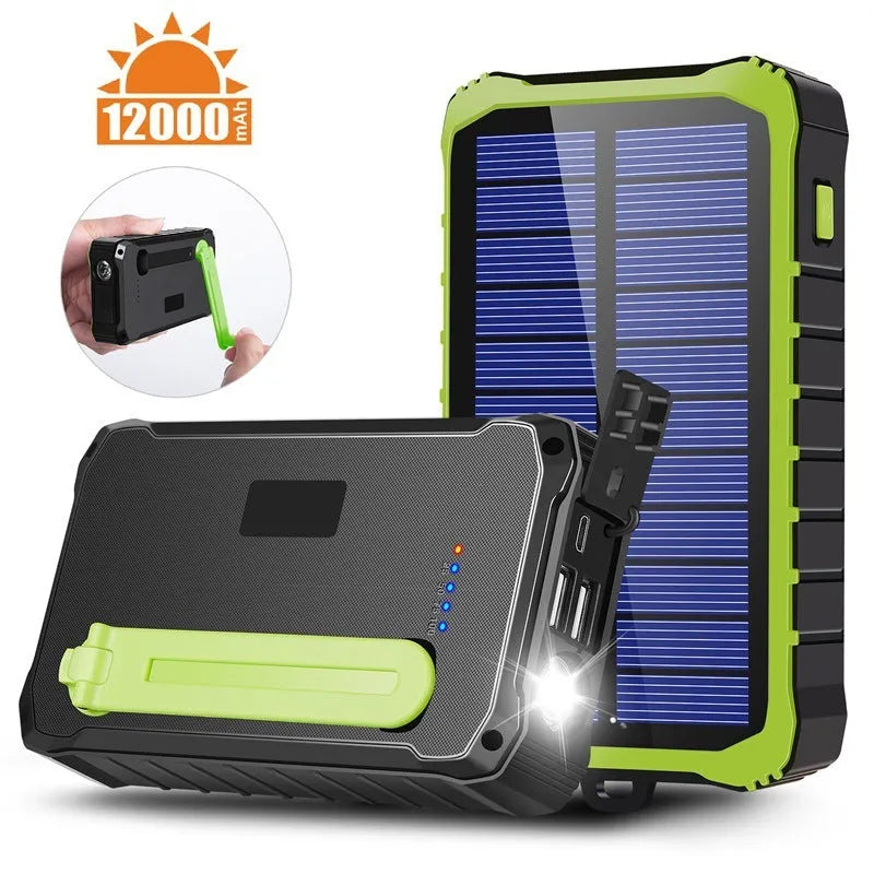 Orange and green portable solar hand crank power bank with USB ports and LED light