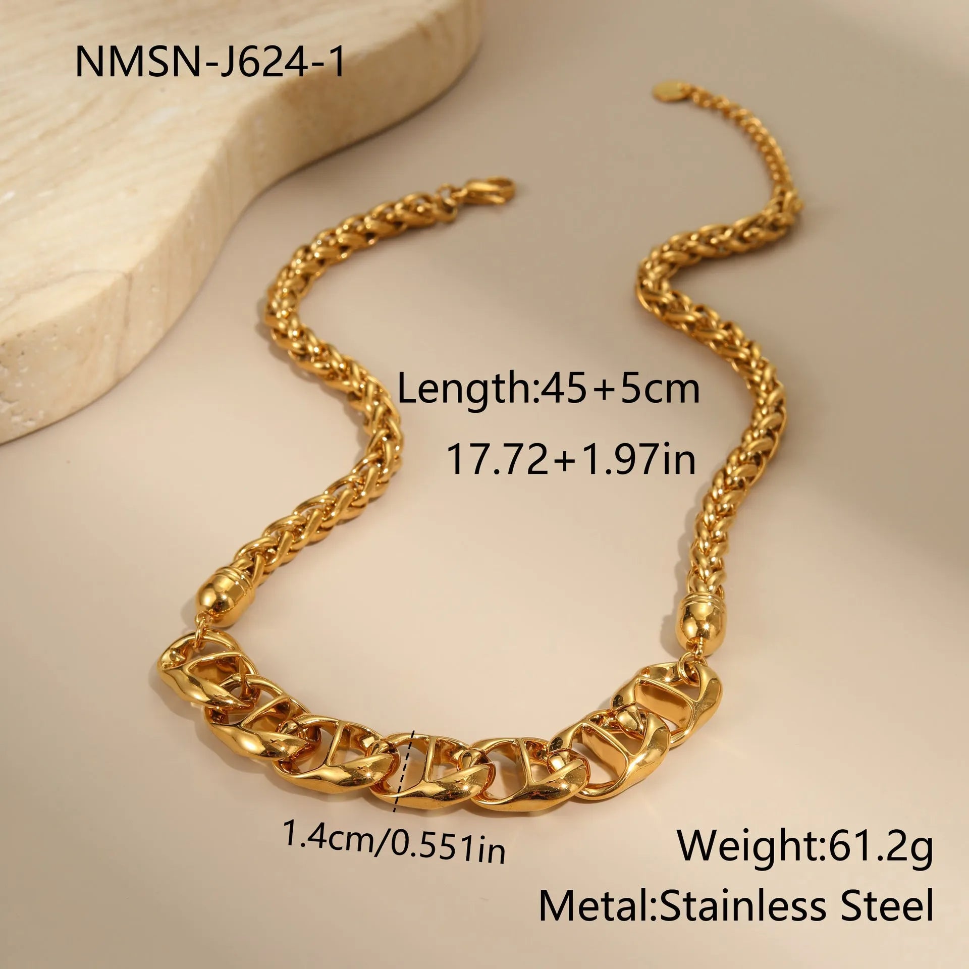 Stainless steel geometric pendant necklace with gold plating on regular chain