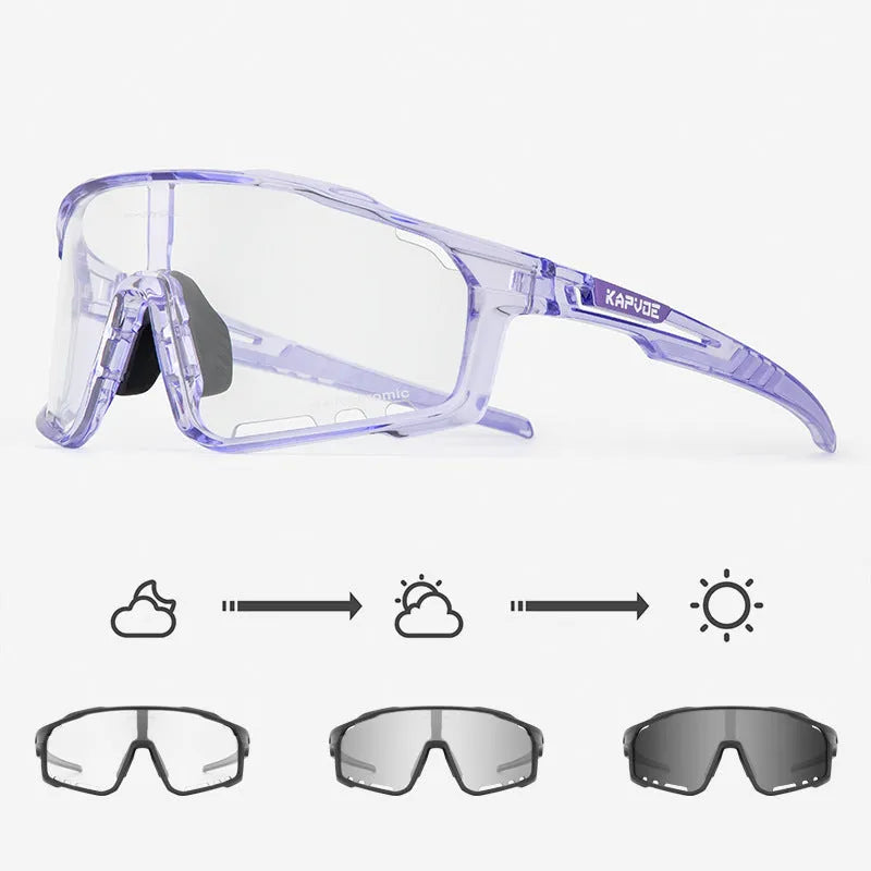 Semi-rimless photochromic cycling glasses with a TR90 frame, shown in a sport setting.