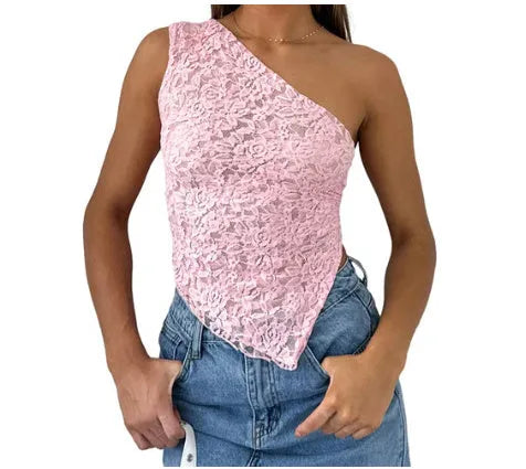 Women's slim-fit lace-back vest top with asymmetrical neckline in solid colour