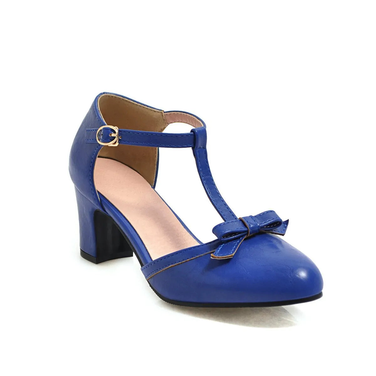 Women's apricot coloured chunky heel sandals with a bow tie and adjustable buckle strap.