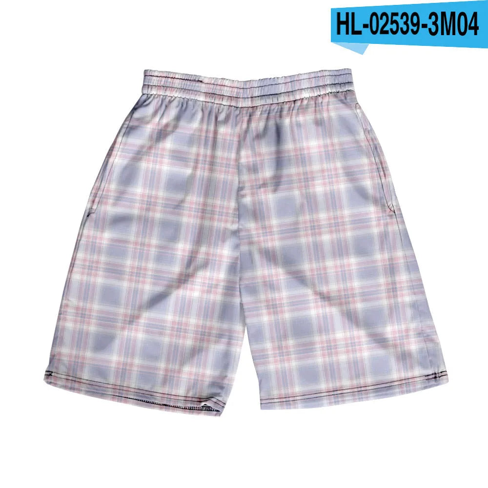 Men's plaid polyester shorts with elastic waistband in straight cut design