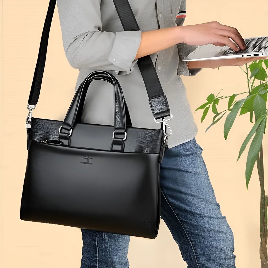 Black and brown men's PU leather messenger bag with splicing design on strap.