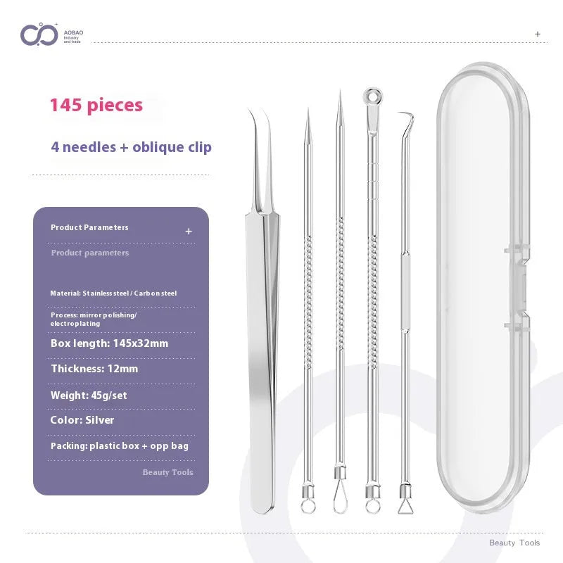 Four metal acne needles with pointed tips arranged on a clean surface.