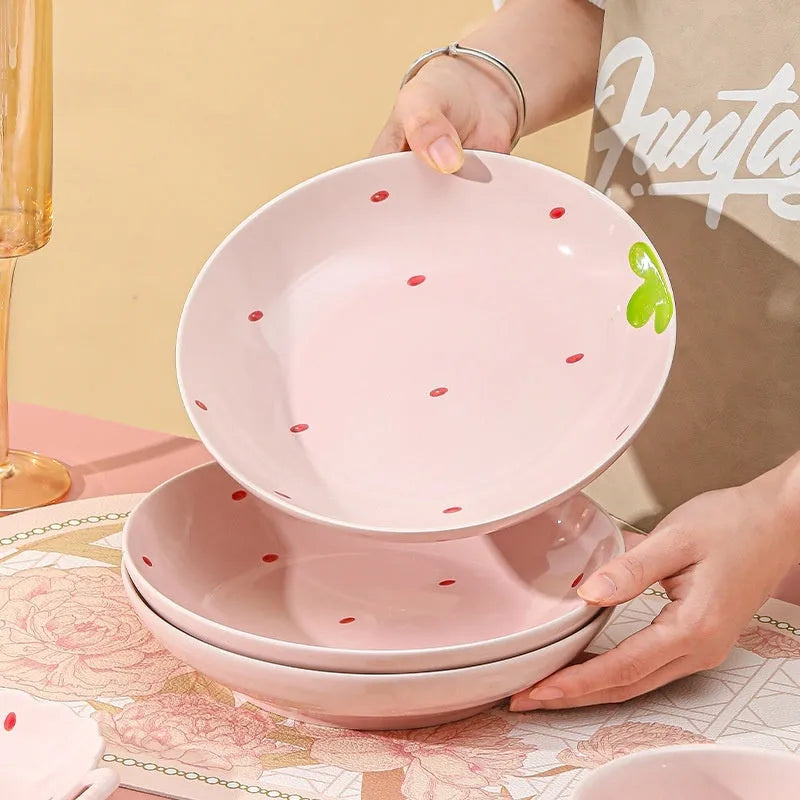 Cute strawberry design porcelain dinnerware set with bowl, plates, and twist spoon