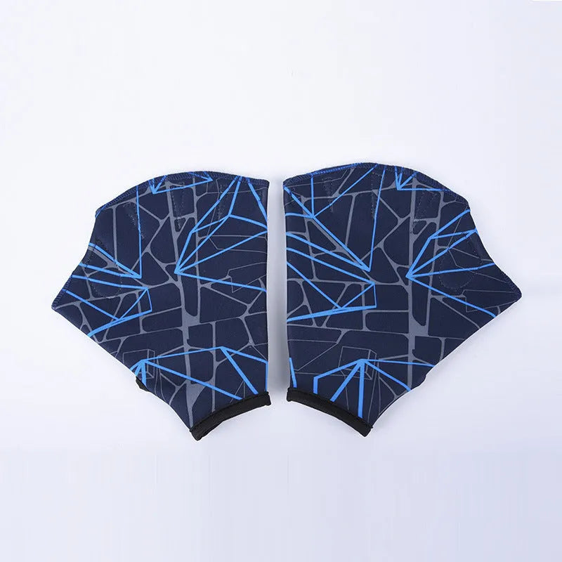 Duck feet webbed swimming gloves in multiple colour prints showing nylon construction and sizing options