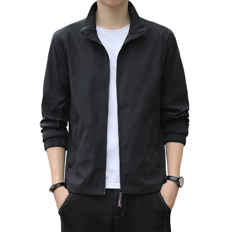 Korean-style men's loose lapel autumn jacket in a casual blue colour with zippered pockets.
