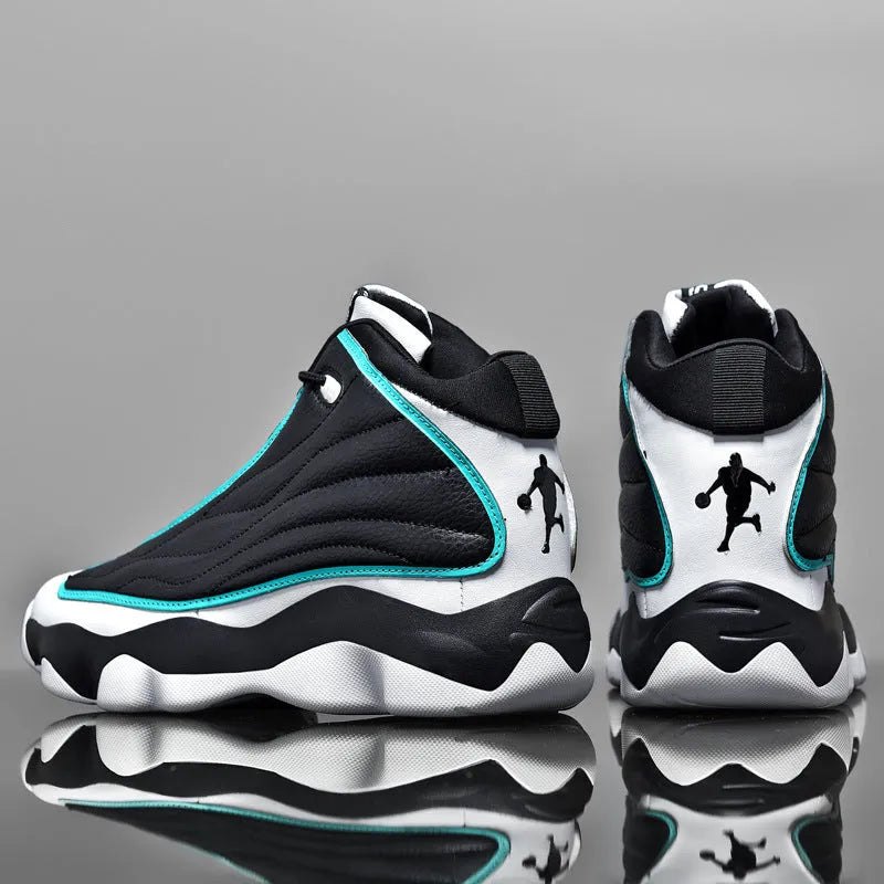 High-top basketball shoes with thick rubber sole and mesh upper in AJ13 colour options