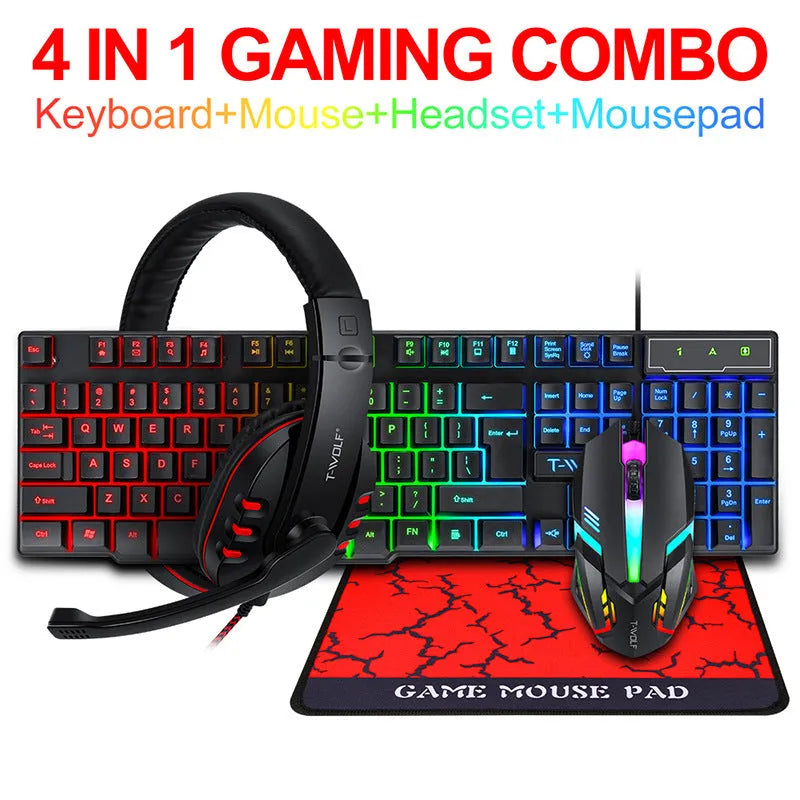 Thunder Wolf T800 wired gaming keyboard, mouse, headset, and mouse pad four-piece set for PC
