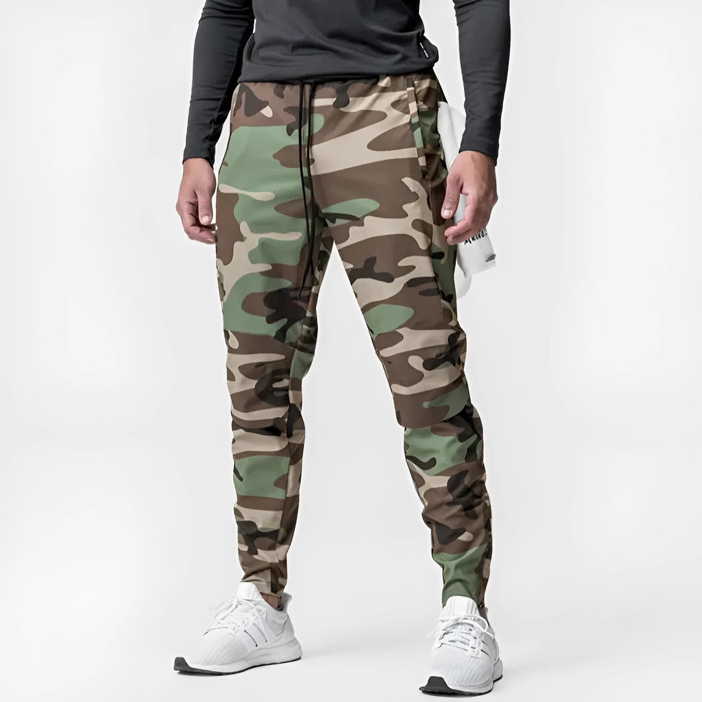 Men's loose grey quick-dry fitness trousers with ankle-tied cuffs for running and gym workouts