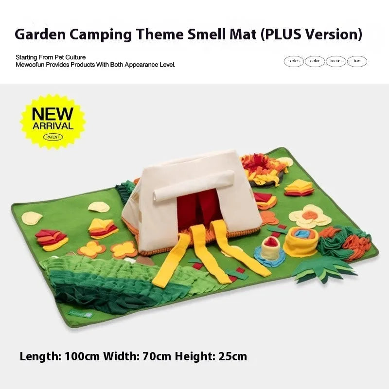 Fabric dog sniffing mat enrichment toy on a floor, Garden Camping theme.