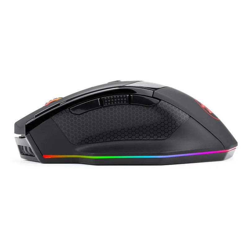 Redragon M801P black gaming mouse showing dual mode connectivity and nine programmable buttons