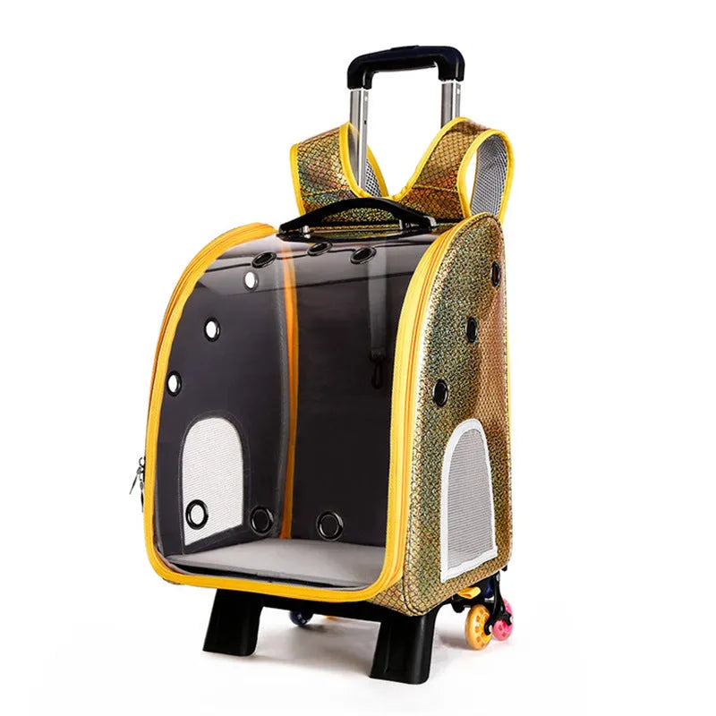 Blue transparent pet trolley bag with folding shoulder strap for small dogs and cats