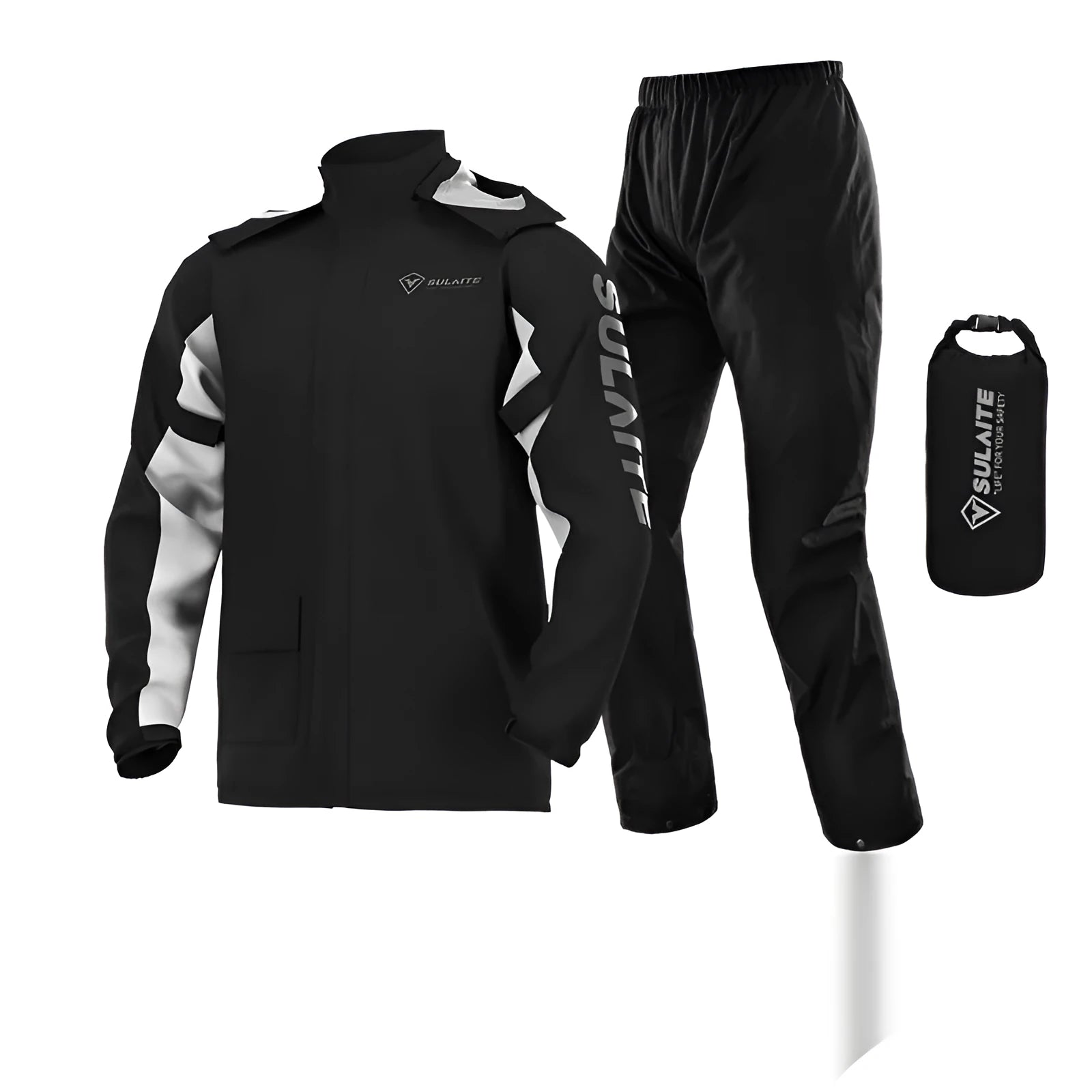 Motorcycle rain suit set showing split raincoat, rain pants, hidden shoe covers, and storage bag.