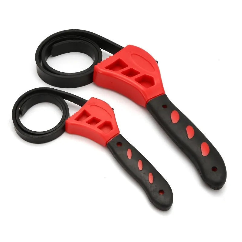 Two adjustable rubber strap wrenches, a 6-inch and an 8-inch model, for gripping oil filters and plumbing fixtures.