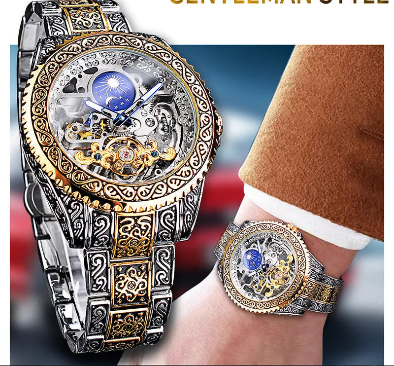 Yellow Forsining skeleton tourbillon mechanical watch with stainless steel case and band