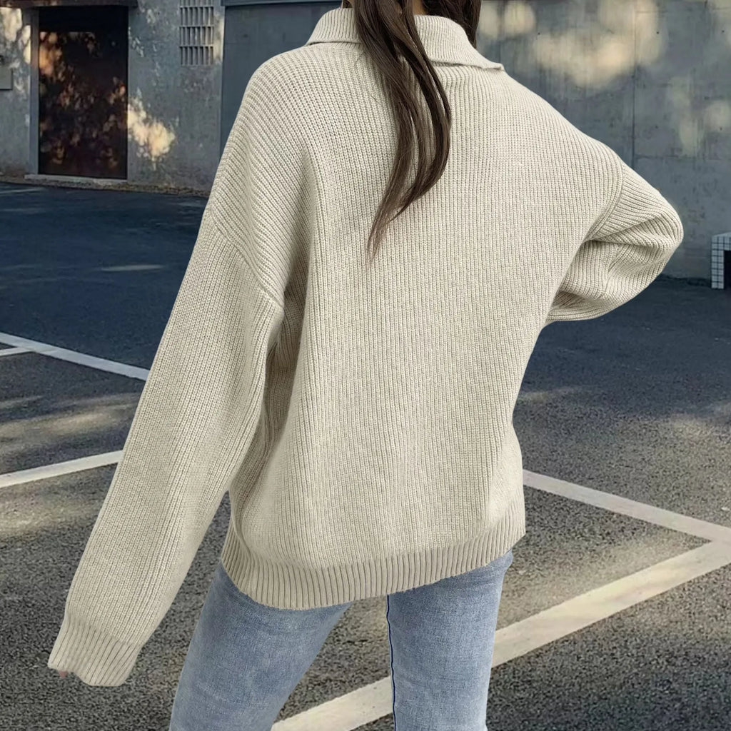 Women's light khaki alpaca wool pullover sweater with diagonal zipper and loose lapel collar