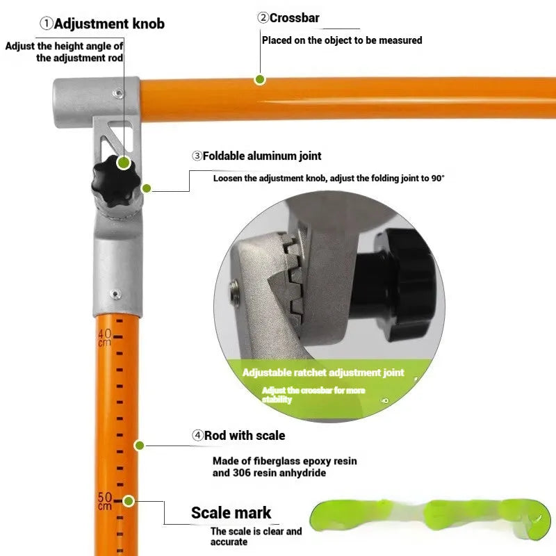 Telescopic cargo truck height measuring rod showing extended glass fibre construction with clear scale markings