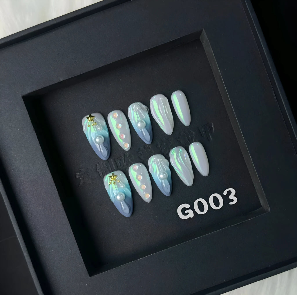 HAILANG blue plastic false nail tips set showing shell design with XS, S, M, L sizes.