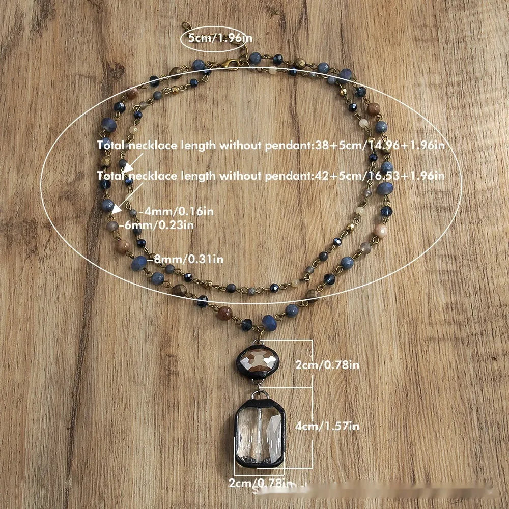 Two-layer tribal necklace with stone and glass pendants on adjustable chain
