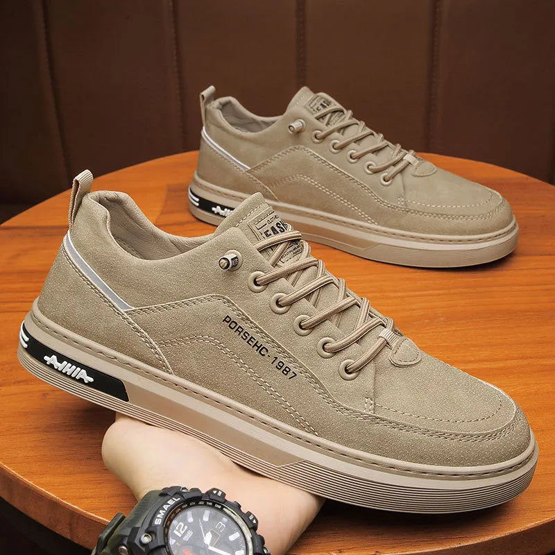Men's waterproof casual work shoes with round toe and non-slip rubber sole in khaki colour