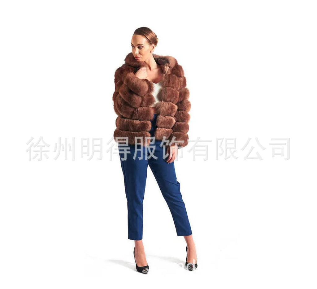 Women's loose fit hooded coat in artificial fur, shown in brown and white silver fox colours