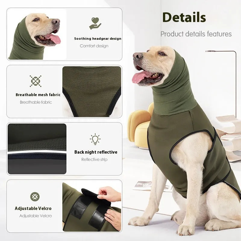 Army green dog anxiety jacket with mood-soothing design on medium-sized dog