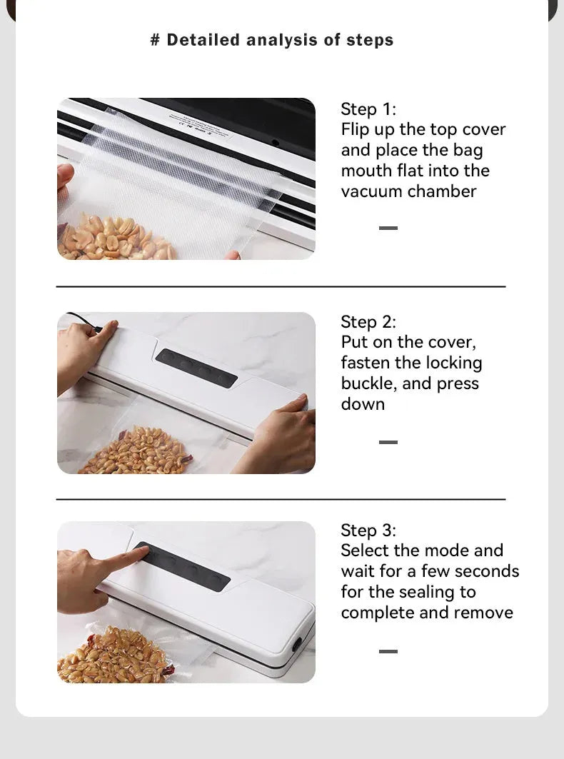 Black compact automatic vacuum sealer machine for household food preservation and item protection