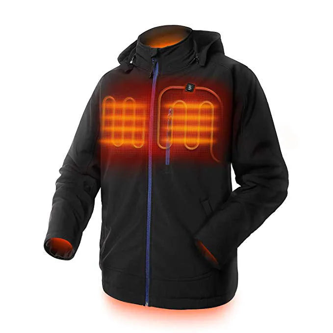 Black men's USB-heated waterproof winter coat with zip pockets on a mannequin, showing straight hem and long sleeve design.