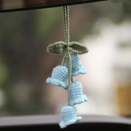Green and white knitted car plant decoration with hanging rope on 8cm plastic base