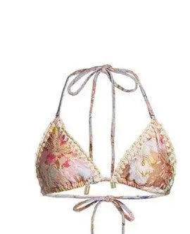 Women's floral bikini swimsuit set with removable skirt in creamy-white beige colour