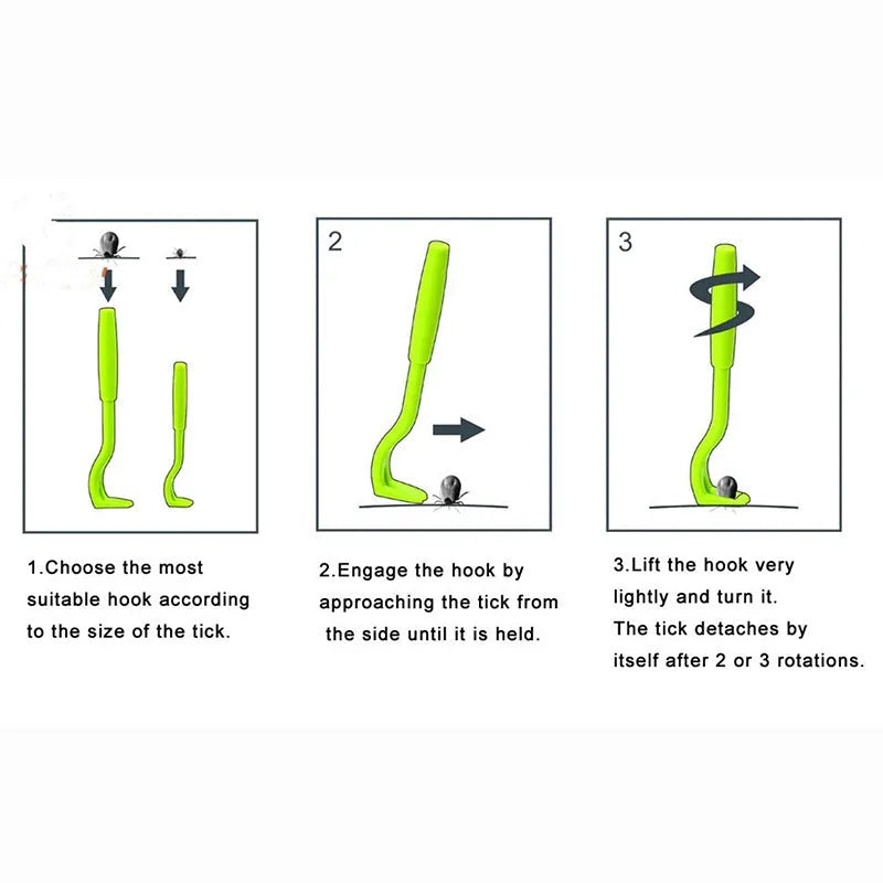 Three plastic tick removal tools with hook design for pet grooming and flea extraction