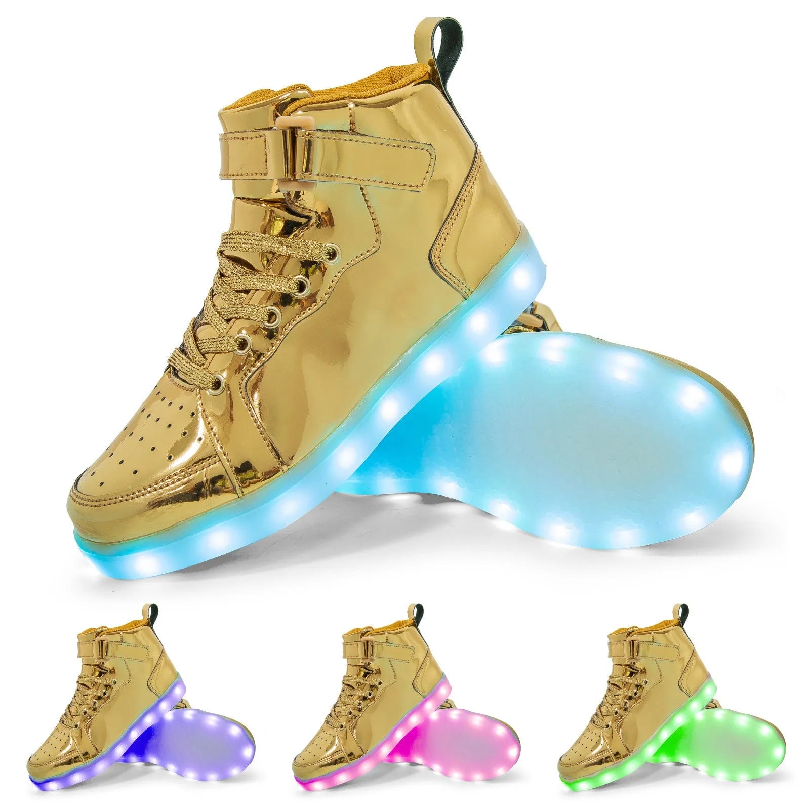 LED high-top board shoes with lights, Velcro fastening, in black gold or white colours