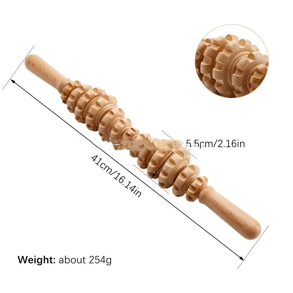 A selection of natural beechwood massage rollers including T-shaped and multi-wheel designs on a wooden surface.