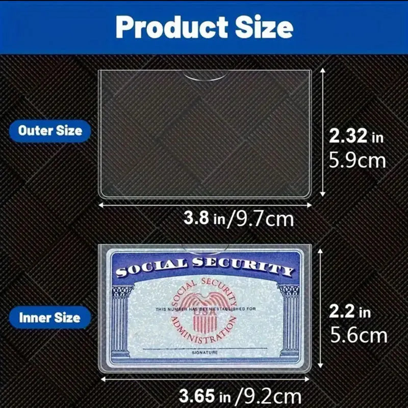 Transparent PVC social security card holder with dimensions 9.7 by 5.9 centimetres.