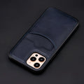 Dark blue PU leather protective case for iPhone, shown from the back with a business-style texture.