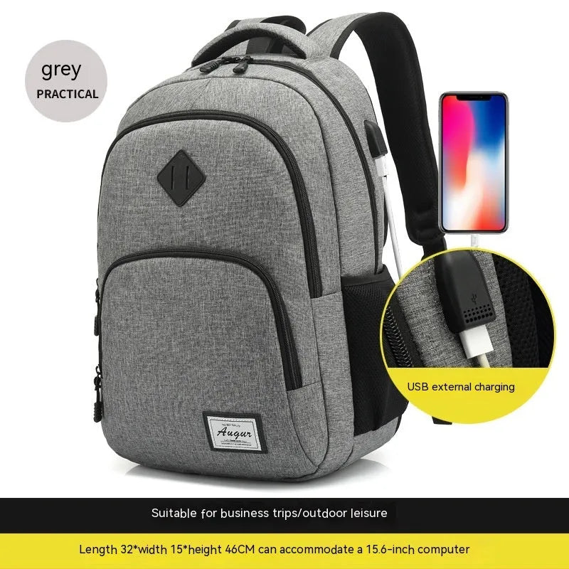 Lightweight USB charging backpack in grey with trolley sleeve and thickened nylon fabric