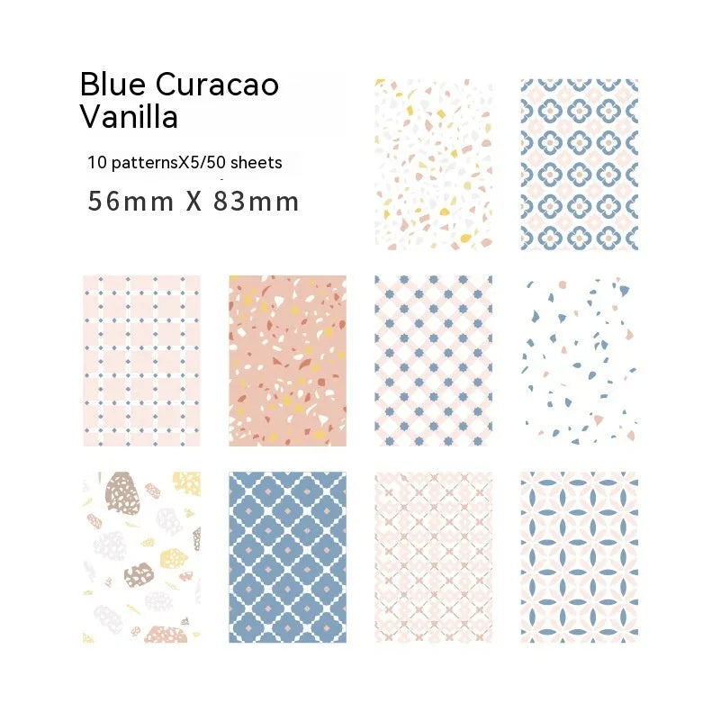 Pack of 50 retro-style collage note papers in ten dessert colours including caramel puff and strawberry coconut.