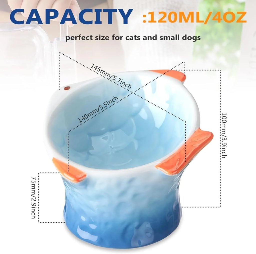 Fish-shaped ceramic cat bowls with 15-degree tilt angle in blue, green, pink, or yellow colours