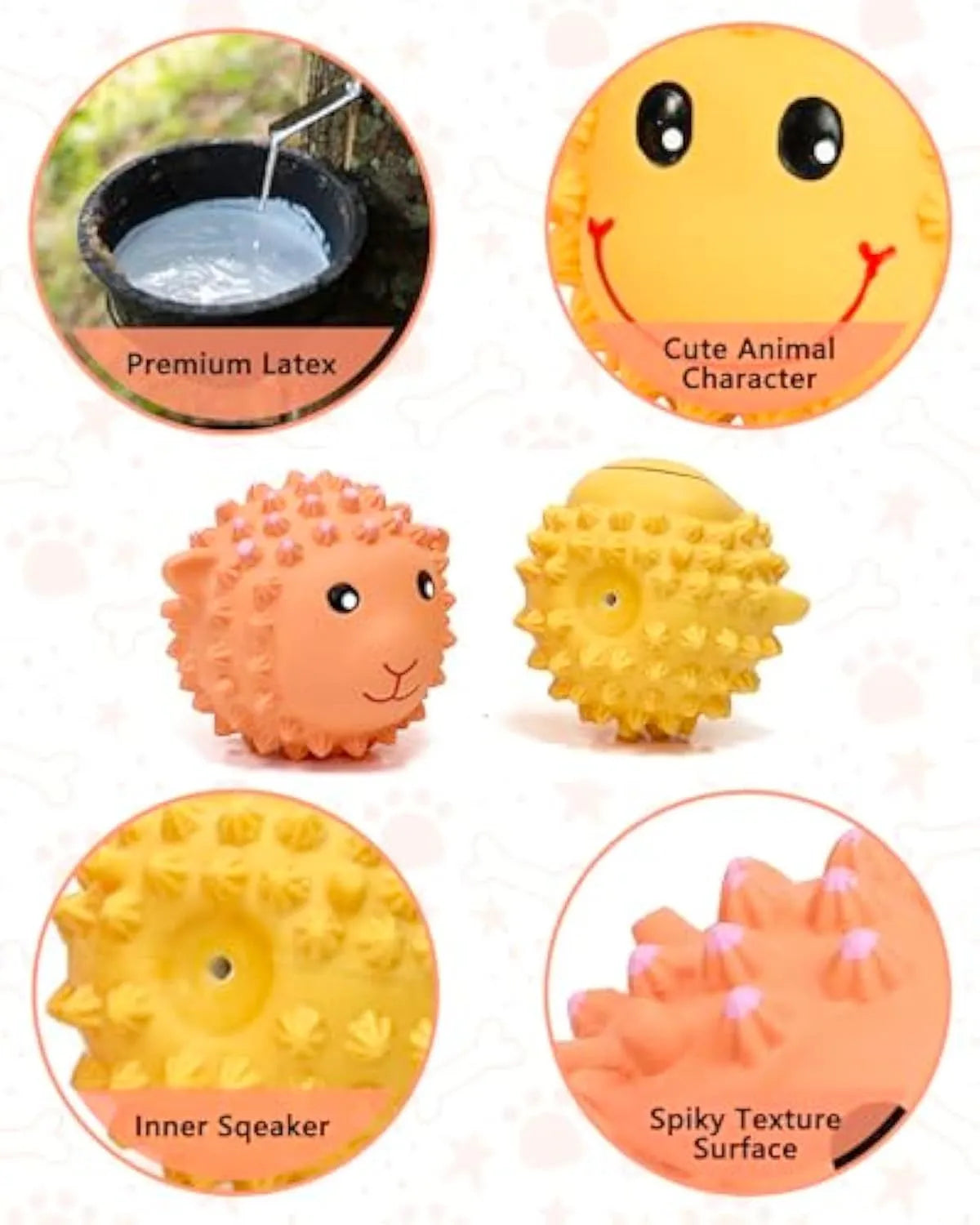 Orange or yellow spiky lamb or monkey latex squeaky dog toy for small medium breeds.