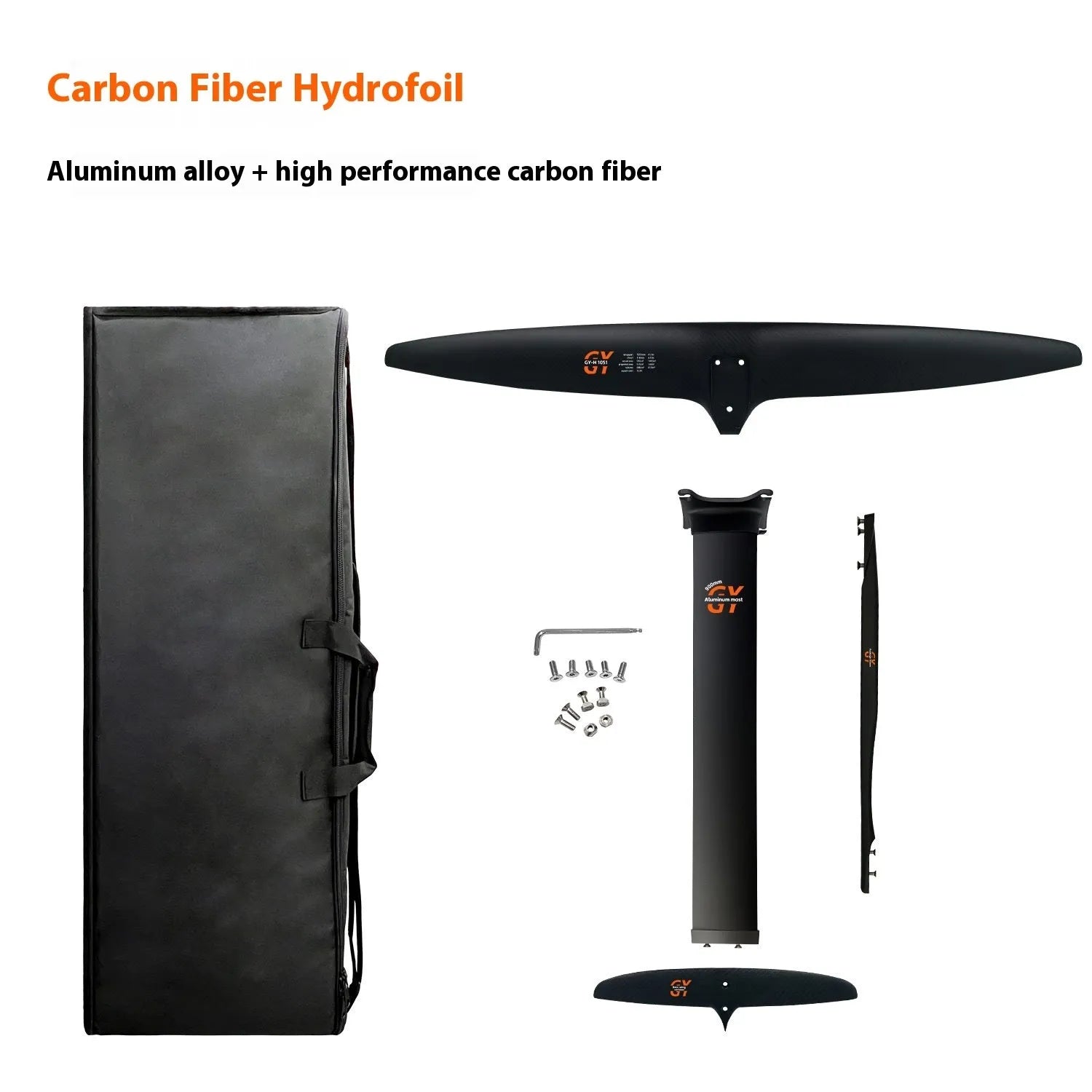 Black carbon fiber racing hydrofoil for surfboards with 1051mm front wing
